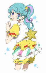 Rule 34 | 1girl, :3, blue eyes, blue hair, cowboy shot, cropped legs, dress, earrings, from behind, hair ornament, hands up, highres, jewelry, long hair, looking at viewer, looking back, multicolored hair, nojima minami, open mouth, own hands together, pinon (pripara), pretty series, pripara, puffy short sleeves, puffy sleeves, purple hair, short sleeves, side ponytail, sidelocks, simple background, smile, solo, standing, star (symbol), star earrings, star hair ornament, streaked hair, white background, winding key, yellow dress
