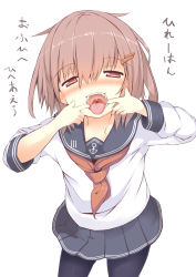 Rule 34 | 10s, 1girl, blush, brown eyes, brown hair, dress, hair ornament, hairclip, highres, ikazuchi (kancolle), kantai collection, long sleeves, open mouth, pantyhose, personification, sailor dress, school uniform, serafuku, short hair, solo, sukage, tongue, translation request, white background