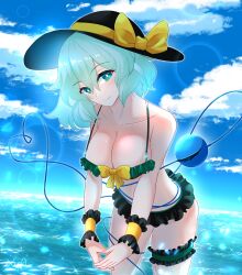 Rule 34 | 1girl, absurdres, bikini, black hat, blue sky, bow, bowtie, breasts, bright pupils, cleavage, closed mouth, cloud, commentary, english commentary, frilled bikini, frills, green bikini, green eyes, hair between eyes, hat, hat bow, heart, heart of string, highres, horizon, komeiji koishi, large breasts, light green hair, medium hair, outdoors, sky, smile, solo, swimsuit, thigh strap, third eye, touhou, wading, white pupils, wrist cuffs, xen0moonz, yellow bow, yellow bowtie