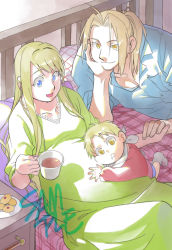 Rule 34 | 1girl, 2boys, baby, backlighting, bed, bed sheet, blackfoxes, blonde hair, blue eyes, blue shirt, cheek press, child, couple, cup, day, dress, dress shirt, drooling, edward elric, father and son, fingernails, food, fullmetal alchemist, green dress, hand on own chin, happy, head rest, hetero, highres, holding, holding cup, holding hands, indoors, long dress, long hair, looking down, lying, mother and son, multiple boys, nightstand, open mouth, pillow, plate, ponytail, pregnant, sample watermark, shirt, sleeves rolled up, smile, socks, sunlight, watermark, winry rockbell, yellow eyes