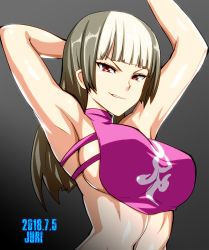 Rule 34 | 1girl, alternate costume, armpits, arms up, bare shoulders, blunt bangs, breasts, character name, chinese clothes, dated, dudou, gradient background, hair down, halterneck, han juri, highres, large breasts, long hair, looking at viewer, multicolored hair, navel, no bra, okyou, red eyes, shiny skin, sideboob, smirk, solo, two-tone hair, upper body