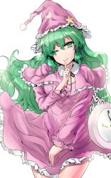 Rule 34 | 1girl, ;), breasts, capelet, cleavage, closed mouth, cowboy shot, dress, green eyes, green hair, hair between eyes, hat, highres, index finger raised, kazami yuuka, kazami yuuka (pc-98), large breasts, long hair, long sleeves, looking at viewer, nightcap, one-hour drawing challenge, one eye closed, pajamas, purple dress, smile, solo, touhou, touhou (pc-98), very long hair, wavy hair, y2
