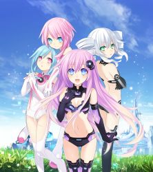 Rule 34 | 10s, 4girls, :d, :o, absurdres, back, bare shoulders, bikini, black gloves, black sister, blue eyes, blue hair, blush, bodysuit, boots, breasts, building, bustier, choujigen game neptune mk2, cleavage, cleavage cutout, clothing cutout, cloud, day, drill hair, elbow gloves, emblem, female focus, flower, gloves, gradient hair, grass, green eyes, hair ornament, hand on own chest, highres, huge filesize, leotard, light particles, long hair, looking at viewer, looking back, medium breasts, midriff, multicolored hair, multiple girls, navel, nepgear, neptune (series), official art, open mouth, outdoors, own hands together, pink eyes, pink hair, power symbol, power symbol-shaped pupils, purple hair, purple sister, ram (neptunia), revealing clothes, rom (neptunia), siblings, sisters, smile, standing, swimsuit, symbol-shaped pupils, thigh gap, thighhighs, tsunako, twin drills, twins, twintails, uni (neptunia), very long hair, white gloves, white hair, white sister ram, white sister rom