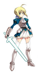 Rule 34 | 00s, 1girl, :o, adapted costume, ahoge, aqua eyes, armor, armored dress, artoria pendragon (all), artoria pendragon (fate), blonde hair, dress, fate/stay night, fate (series), glowing, glowing sword, glowing weapon, hair ornament, hair ribbon, long hair, miniskirt, ribbon, saber (fate), sidelocks, simple background, skirt, solo, standing, sword, thighhighs, weapon, white thighhighs, zettai ryouiki