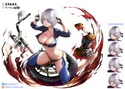 Rule 34 | 1girl, absurdres, angel (kof), azur lane, boots, bra, breasts, chaps, cleavage, cowboy boots, cropped jacket, expressions, horns pose, fingerless gloves, furiouzly, gloves, hair over one eye, highres, index fingers raised, jacket, kneeling, large breasts, leather, leather jacket, strapless, strapless bra, the king of fighters, toned, underwear, white hair