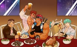 Rule 34 | 4boys, abs, absurdres, alcohol, beer, beer mug, biceps, brown hair, chair, chest tattoo, closed eyes, crop top, cup, diadem, doughnut, facial hair, fingerless gloves, food, gany (gyee), gloves, green eyes, green hair, gyee, harp, headband, highres, instrument, jacket, k0utato, kong (gyee), large pectorals, leather, leather jacket, looking at another, male focus, manly, mature male, meat, mohawk, mug, multiple boys, muscular, muscular male, music, musso (gyee), open mouth, partially unbuttoned, pectorals, plate, playing instrument, red hair, sake, salad, salad bowl, scar, shirt, smile, smirk, spiked hair, stubble, table, tattoo, teeth, thick arms, tight clothes, tight shirt, tongue, turkey (food), undercut, upper body, voh (gyee), whiskey