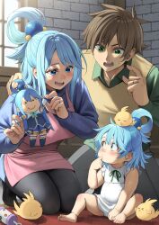 Rule 34 | 1boy, 2girls, :d, animal, apron, aqua (konosuba), barefoot, bird, black pantyhose, blue eyes, blue sweater, blush, bow, bowtie, breasts, brown hair, brown sweater, character doll, detached sleeves, doll, family, finger in own mouth, green bow, green bowtie, green eyes, hair ornament, highres, holding, holding doll, if they mated, izawa (bhive003), jewelry, kneeling, kono subarashii sekai ni shukufuku wo!, large breasts, looking at another, multiple girls, neck ribbon, open mouth, pants, pantyhose, pink apron, red ribbon, ribbon, ring, satou kazuma, short hair, sitting, smile, sweater, teeth, tongue, window