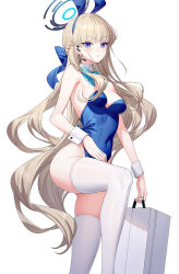 Rule 34 | 1girl, animal ears, bare shoulders, blonde hair, blue archive, blue bow, blue eyes, blue hair, blue leotard, bow, braid, breasts, collar, commentary, covered navel, detached collar, earpiece, fake animal ears, feet out of frame, hair bow, halo, headset, highres, holding, leotard, long hair, looking at viewer, medium breasts, multicolored hair, parted lips, playboy bunny, rabbit ears, ririko (zhuoyandesailaer), simple background, solo, strapless, strapless leotard, streaked hair, thighhighs, toki (blue archive), toki (bunny) (blue archive), very long hair, white background, white collar, white thighhighs, wing collar, wrist cuffs