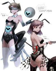 Rule 34 | 2girls, absurdres, adapted costume, animal ears, black eyes, black gloves, black leotard, blindfold, breasts, brown hair, closed mouth, detached collar, e.g.o (project moon), employee (project moon), extra legs, fake animal ears, gloves, hammer, highres, holding, holding hammer, leotard, lobotomy corporation, looking at viewer, medium breasts, medium hair, multiple girls, na-gyou (nunumaru), project moon, rabbit ears, simple background, small breasts, smile, sparkling eyes, white background, wrist cuffs
