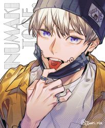 Rule 34 | 1boy, beanie, black hat, blonde hair, character name, facial tattoo, hand up, hat, highres, inumaki toge, jacket, jewelry, jujutsu kaisen, jyun xix, looking at viewer, male focus, mask, mask pull, mouth mask, open mouth, purple eyes, ring, shirt, short hair, solo, tattoo, tongue, tongue out, tsurime, twitter username, upper body, white background, white shirt, yellow jacket