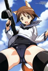 Rule 34 | 00s, 1girl, :d, absurdres, animal ears, black one-piece swimsuit, blue one-piece swimsuit, blue sky, blush, breasts, cameltoe, cloud, cloudy sky, crotch, day, dog ears, drum magazine, flying, foreshortening, from below, gun, highres, hirata katsuzou, holding, holding gun, holding weapon, long sleeves, looking at viewer, machine gun, magazine (weapon), megami magazine, miyafuji yoshika, necktie, no pants, non-web source, official art, one-piece swimsuit, open mouth, outdoors, scan, school swimsuit, school uniform, serafuku, shirt, short hair, sky, small breasts, smile, solo, spread legs, strike witches, striker unit, swimsuit, swimsuit under clothes, thighhighs, thighs, trigger discipline, weapon, wind, wind lift, world witches series, zettai ryouiki