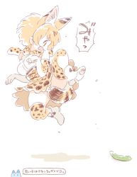 Rule 34 | 10s, animal ears, ankle boots, bare shoulders, boots, bow, bowtie, breasts, commentary request, cucumber, elbow gloves, gloves, jumping, kemono friends, looking down, lucky beast (kemono friends), medium breasts, mitsumoto jouji, open mouth, orange hair, orange legwear, orange neckwear, parody, paw pose, scared, serval (kemono friends), serval print, serval tail, short hair, simple background, surprised, tail, tail censor, thighhighs, translation request, white background, white footwear