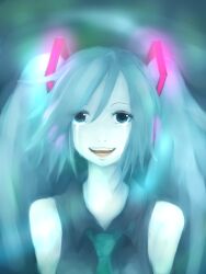 Rule 34 | 1girl, aqua eyes, aqua hair, aqua necktie, artist request, crying, crying with eyes open, happy, happy tears, hatsune miku, headphones, long hair, looking at viewer, necktie, non-web source, open mouth, pale skin, piapro, shirt, sleeveless, sleeveless shirt, smile, solo, streaming tears, tears, upper body, very long hair