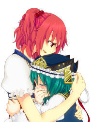 Rule 34 | 2girls, closed eyes, comforting, covering own mouth, crying, female focus, green hair, hair bobbles, hair ornament, hand on another&#039;s head, hand over own mouth, head rest, height difference, highres, hug, multiple girls, onozuka komachi, red eyes, red hair, shiki eiki, size difference, tears, touhou, yumesuke