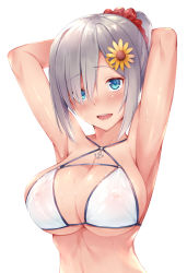 Rule 34 | 1girl, :d, anchor symbol, armpits, arms up, bikini, blue eyes, blush, breasts, covered erect nipples, flower, fumikiri, hair flower, hair ornament, hair over one eye, hair scrunchie, hairclip, hamakaze (kancolle), highres, kantai collection, large breasts, looking at viewer, nipples, open mouth, ponytail, scrunchie, see-through, see-through bikini, short hair, silver hair, simple background, smile, solo, swimsuit, upper body, wet, wet clothes, white background, white bikini