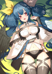 Rule 34 | 1girl, absurdres, angel wings, asymmetrical wings, bare shoulders, belt, black panties, black thighhighs, blue hair, blush, breasts, cleavage, cleavage cutout, clothing cutout, commentary, detached collar, detached sleeves, dizzy (guilty gear), elritta, grass, groin, guilty gear, guilty gear xrd, hair between eyes, hair ribbon, hair rings, highres, large breasts, long hair, lying, midriff, navel, on back, on grass, open mouth, panties, red eyes, ribbon, shadow, showgirl skirt, sidelocks, skindentation, skirt, solo, stomach, thigh gap, thigh strap, thighhighs, thighs, twintails, twitter username, underwear, very long hair, wide sleeves, wings, yellow ribbon