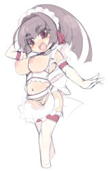 Rule 34 | 1girl, akatsuki alut, apron, blush, breastless clothes, breasts, brown hair, chibi, elbow gloves, gloves, inverted nipples, pussy, large breasts, long hair, maid, maid apron, maid headdress, mel/a, nipples, original, ponytail, puffy nipples, red eyes, solo, thighhighs, white thighhighs