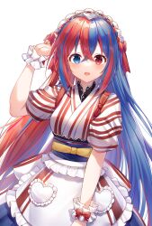 Rule 34 | 1girl, absurdres, adjusting clothes, adjusting headwear, alear (female) (fire emblem), alear (fire emblem), alternate costume, apron, blue eyes, blue hair, breasts, commentary, crown, fire emblem, fire emblem engage, frilled apron, frilled wrist cuffs, frills, hetero, highres, long hair, looking at viewer, medium breasts, mikasa-01, multicolored hair, nintendo, parted lips, red eyes, red hair, solo, split-color hair, very long hair, wrist cuffs