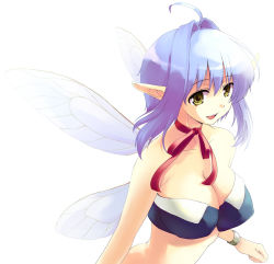 Rule 34 | 1girl, bad id, bad pixiv id, blue hair, bow, breasts, cleavage, fairy, kajo, large breasts, original, pointy ears, ribbon, smile, solo, wings, yellow eyes