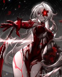 Rule 34 | 1girl, absurdres, acheron (honkai: star rail), blood, blood censor, blood on breasts, blood on chest, body markings, breasts, colored extremities, flower, hair over one eye, highres, honkai: star rail, honkai (series), long hair, looking at viewer, official alternate color, official alternate eye color, official alternate hair color, pale skin, red eyes, red hands, ringeko-chan, solo, very long hair, white hair