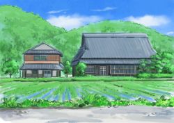 Rule 34 | blue sky, building, cloud, commentary request, day, door, grass, highres, hill, hirota (masasiv3), house, nature, no humans, outdoors, rice paddy, road, scenery, sketch, sky, tree
