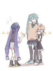Rule 34 | ..., 3girls, = =, ?, aged down, behind another, black collar, black shirt, black skirt, black socks, blouse, blue hair, blue headwear, braid, brown sweater, child, collar, commentary, flower (vocaloid), flower (vocaloid3), full body, grey shirt, hands up, hatsune miku, hiding, hiding behind another, holding, holding behind back, kneehighs, long hair, looking at another, low-braided long hair, low-tied long hair, medium hair, mi no take, miniskirt, multiple girls, otomachi una, pantyhose, pleated skirt, red eyes, sailor collar, shirt, shoes, skirt, sneakers, socks, standing, sweat, sweater, thighhighs, twintails, very long hair, vocaloid, white hair, white skirt