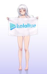 Rule 34 | 1girl, absurdres, barefoot, blush, collarbone, commentary, commentary request, copyright name, embarrassed, english commentary, full body, gradient background, grey background, highres, hololive, long hair, mixed-language commentary, murasaki shion, nude, orange eyes, p-nekoe, simple background, solo, virtual youtuber, white background, white hair