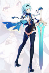 Rule 34 | 1girl, absurdres, ar (3779609928), ass, back, black gloves, black hairband, black leotard, blue cape, blue footwear, blue hair, blue necktie, blush, boots, breasts, cape, claymore (sword), eula (genshin impact), full body, genshin impact, gloves, greatsword, hair ornament, hairband, high heel boots, high heels, highres, large breasts, leotard, long sleeves, looking at viewer, medium hair, necktie, outstretched arm, purple eyes, sidelocks, smile, solo, sword, thigh boots, thighhighs, weapon