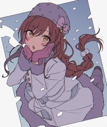 Rule 34 | 1girl, :o, blush, blush stickers, braid, braided ponytail, breath, coat, dutch angle, framed, fur-trimmed coat, fur hat, fur trim, gloves, hands on own cheeks, hands on own face, hat, highres, idolmaster, idolmaster shiny colors, long hair, looking at viewer, looking up, niyororinpayamaru, osaki amana, papakha, purple gloves, red hair, round teeth, snowing, solo, teeth, white coat