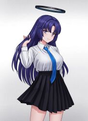 Rule 34 | 1girl, alternate hairstyle, black skirt, blue archive, blue necktie, blush, breasts, closed mouth, collared shirt, cowboy shot, durian12, highres, large breasts, long hair, long sleeves, looking at viewer, necktie, pleated skirt, purple eyes, purple hair, shirt, skirt, smile, solo, white shirt, yuuka (blue archive)