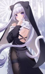 Rule 34 | 1girl, absurdres, animal ears, backless dress, backless outfit, bare shoulders, black dress, black pantyhose, black sleeves, blush, cat ears, cat tail, closed mouth, commentary request, dress, fake animal ears, from behind, grey hair, hand up, heart, heart-shaped pupils, highres, juliet sleeves, long hair, long sleeves, looking at viewer, looking back, nun, original, pantyhose, puffy sleeves, purple eyes, sapphire (sapphire25252), skindentation, smile, solo, symbol-shaped pupils, tail, thigh strap, twintails, veil, very long hair