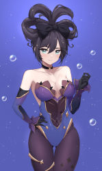 Rule 34 | 1girl, alternate hairstyle, aqua eyes, bare shoulders, black gloves, black hair, blue leotard, borrowed hairstyle, breasts, bubble, choker, cinnamiku hairstyle, cleavage, closed mouth, collarbone, cowboy shot, detached sleeves, dot nose, feint721, genshin impact, gloves, gluteal fold, hair between eyes, hand on own hip, hand up, highres, leotard, looking at viewer, medium breasts, mona (genshin impact), pantyhose, solo, sparkle print, strapless, strapless leotard, thigh gap, thighlet