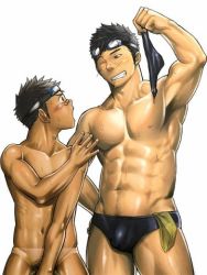 Rule 34 | 2boys, age difference, black hair, goggles, itto (mentaiko), lowres, male focus, multiple boys, muscular, swimsuit, undressing, yaoi