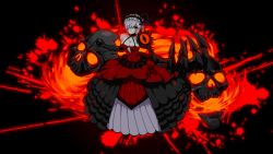Rule 34 | 1girl, black background, black gloves, black hairband, breasts, claws, cleavage, colored skin, covered navel, dress, dress flower, elbow gloves, flaming skull, flower, full body, gloves, grey hair, grey skin, hair over one eye, hairband, horns, large breasts, looking at viewer, navel, original, pixel art, r5r6ty, red dress, red eyes, red flower, single horn, skull, solo