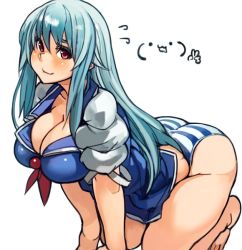 Rule 34 | 1girl, all fours, barefoot, blue hair, blush, breasts, cleavage, kamishirasawa keine, large breasts, long hair, looking at viewer, panties, perky breasts, plump, red eyes, sachito, simple background, smile, solo, striped clothes, striped panties, thick thighs, thighs, touhou, underwear, white background