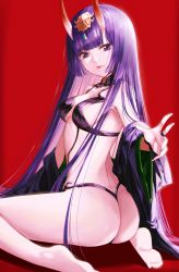 Rule 34 | 1girl, absurdres, alternate hair length, alternate hairstyle, ass, back, bare shoulders, bob cut, breasts, bridal gauntlets, collarbone, eyeliner, fate/grand order, fate (series), feet, headpiece, highres, horns, huge filesize, huyou (awegk), japanese clothes, kimono, long hair, long sleeves, looking at viewer, looking back, makeup, medium breasts, off shoulder, oni, open clothes, open kimono, purple eyes, purple hair, purple kimono, red background, revealing clothes, shuten douji (fate), sitting, skin-covered horns, smile, soles, wariza, wide sleeves