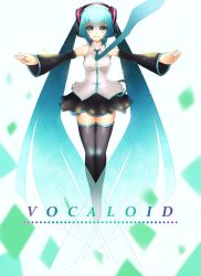 Rule 34 | 1girl, aqua eyes, aqua hair, detached sleeves, hatsune miku, headphones, long hair, necktie, outstretched arms, skirt, smile, solo, spread arms, thighhighs, torn flipper, twintails, very long hair, vocaloid, zettai ryouiki