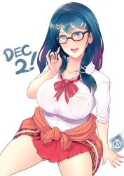 Rule 34 | 1girl, arm support, blue eyes, blue hair, breasts, clothes around waist, collarbone, collared shirt, fire emblem, glasses, hair between eyes, hair ornament, hairclip, hand in own hair, jacket, jacket around waist, large breasts, looking at viewer, nintendo, open mouth, oribe tsubasa, plaid, plaid skirt, red ribbon, revolverwing, ribbon, school uniform, shirt, signature, simple background, skirt, smile, solo, spread legs, tokyo mirage sessions fe, white background, white shirt