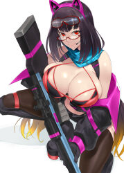 Rule 34 | 1girl, alternate costume, animal ears, bikini, black hair, boots, breasts, brown thighhighs, cat ears, fake animal ears, fate (series), glasses, gloves, goggles, goggles on head, gradient hair, gun, handkerchief, highres, holding, holding weapon, huge breasts, ippo, jacket, kneeling, long hair, multicolored hair, osakabehime (fate), osakabehime (swimsuit archer) (fate), red bikini, red eyes, rifle, smile, sniper rifle, suspenders, swimsuit, thighhighs, weapon, white background