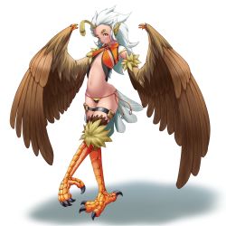 Rule 34 | absurdres, animal feet, animal hands, bird legs, bird tail, blush, breasts, brown feathers, brown wings, claws, commentary, covered erect nipples, english commentary, feather hair, feathered wings, feathers, hair slicked back, harpy, highres, long hair, midriff, monster girl, navel, o-ring, o-ring bottom, orange eyes, original, otocai, pouch, small breasts, solo, tail, talons, tan, thigh pouch, thigh strap, white background, white hair, winged arms, wings