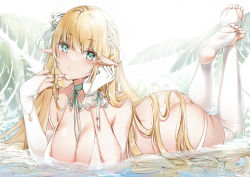 Rule 34 | 1girl, absurdres, ass, bare shoulders, bikini, blonde hair, blush, breasts, bridal gauntlets, bridal legwear, choker, cleavage, collarbone, detached sleeves, elf, feet, green eyes, hair ribbon, highres, large breasts, long hair, looking at viewer, lying, mole, mole on breast, on stomach, open mouth, original, pointy ears, ribbon, soles, solo, swimsuit, thighhighs, toes, very long hair, water, wet, white bikini, white thighhighs, yukineko1018