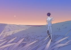 Rule 34 | androgynous, blue hair, from behind, gender request, grass, houseki no kuni, multiple moons, outdoors, phosphophyllite, phosphophyllite (ll), scenery, see-through, short hair, sky, solo, spoilers, sword, toooka, twilight, weapon