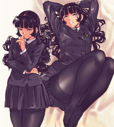 Rule 34 | 1girl, black hair, brown eyes, buttons, commentary request, double-breasted, grey jacket, grey pantyhose, grey skirt, jacket, kamisimo 90, long hair, long sleeves, looking at viewer, multiple views, necktie, original, pantyhose, pleated skirt, school uniform, shirt, skirt, tights girl (kamisimo 90), uniform, white shirt