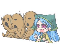 Rule 34 | 1girl, ^^^, ahoge, blue hair, chibi, clenched hands, excited, frills, gaijin 4koma (meme), haniwa (statue), haniyasushin keiki, head scarf, kureha mitsushige, long hair, meme, motion lines, navel, open mouth, parody, pocket, pointing, puffy sleeves, purple eyes, ribbon, sculpture, simple background, solid oval eyes, strap, touhou, upper body, white background, wide sleeves