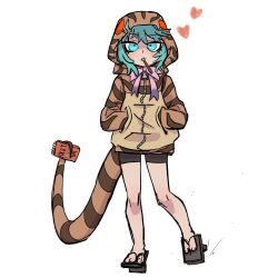 Rule 34 | 1girl, animal hood, animal print, bare legs, bike shorts, blush, bow, bowtie, commentary, english commentary, food, food in mouth, full body, geta, green eyes, green hair, hands in pockets, heart, highres, hood, hood up, hooded jacket, jacket, kemono friends, long sleeves, looking at viewer, mouth hold, pink bow, pink bowtie, pocket, pocky, pocky in mouth, print hood, print jacket, print sleeves, simple background, sketch, snake girl, snake hood, snake print, snake tail, solo, standing, standing on one leg, tail, tateoftot, toes, tsuchinoko (kemono friends), white background, zipper, zipper pull tab