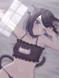 Rule 34 | 1girl, animal ears, blue eyes, blurry, blush, bra, breasts, cat cutout, cat ears, cat girl, cat tail, cleavage, cleavage cutout, closed mouth, clothing cutout, collar, collarbone, commentary request, creatures (company), eyelashes, frilled bra, frills, from above, game freak, hair ornament, hairclip, hand up, highres, indoors, liko (pokemon), looking at viewer, lying, medium breasts, navel, nintendo, on back, one eye closed, outstretched arm, panties, pokemon, pokemon (anime), pokemon horizons, rumu-san (rumurumumu), solo, tail, underwear