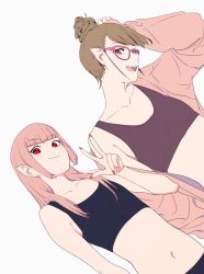 Rule 34 | 2girls, arm up, blunt bangs, brown hair, cei (sohin), closed mouth, collarbone, flat chest, glasses, hand up, jacket, long hair, long sleeves, looking at viewer, multiple girls, navel, open mouth, original, pink hair, pink jacket, pointy ears, red eyes, short hair, sidelocks, silvie (sohin), smile, sohin, sports bra, topknot, upper body, w