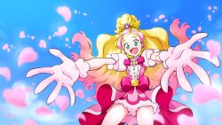 Rule 34 | 1girl, :d, blonde hair, blue background, bow, cowboy shot, cure flora, earrings, gloves, go! princess precure, gradient hair, green eyes, haruno haruka, highres, jewelry, long hair, looking at viewer, magical girl, mame kokurui, multicolored hair, open mouth, outstretched arms, outstretched hand, petals, pink bow, pink hair, pink skirt, precure, puffy sleeves, skirt, smile, solo, spread arms, streaked hair, two-tone hair, white gloves