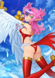 Rule 34 | 1girl, animal hands, ass, breasts, butt crack, claws, duel monster, feathers, green eyes, grin, harpie cielo, harpy, highres, inomata konomu, long hair, medium breasts, monster girl, multicolored hair, pink hair, pointy ears, purple hair, red thighhighs, slingshot swimsuit, smile, solo, swimsuit, thighhighs, two-tone hair, white feathers, white wings, winged arms, wings, yu-gi-oh!, yu-gi-oh! rush duel