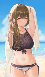 Rule 34 | 1girl, absurdres, ahoge, arm up, armpits, beach, bikini, black bikini, blush, bracelet, breasts, brown hair, cleavage, hair over shoulder, highres, huge ahoge, idolmaster, idolmaster shiny colors, jewelry, kuwayama chiyuki, light smile, medium breasts, navel, necklace, nekoplanetouo, open mouth, parted lips, see-through, see-through cleavage, side ponytail, solo, swimsuit, wavy hair
